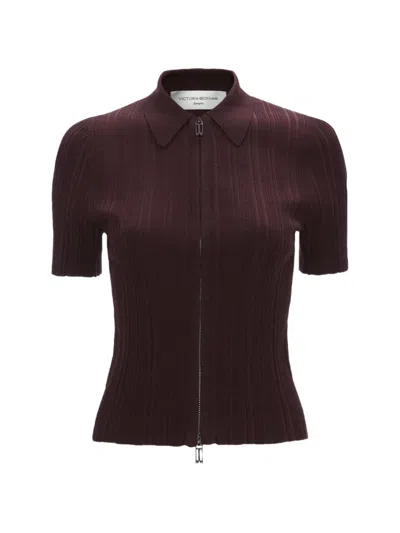 Victoria Beckham Ribbed Zip-up Short-sleeve Cardigan In Burgundy