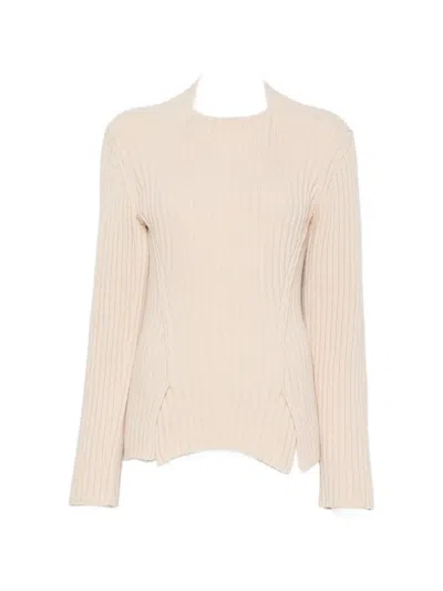 Victoria Beckham Ribbed Cashmere-merino Knit Sweater With Square Neckline In Neutral