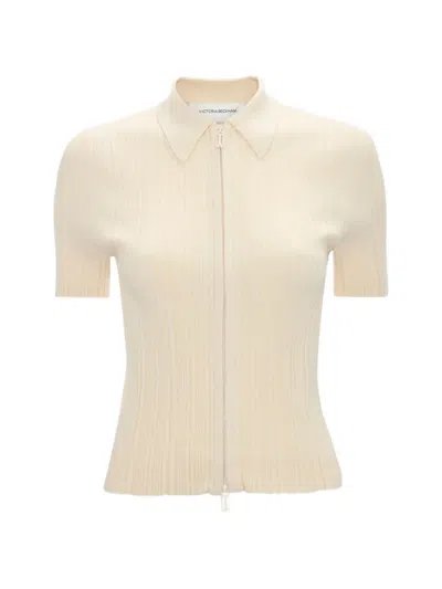 Victoria Beckham Ribbed-knit Short-sleeve Shirt In Brown