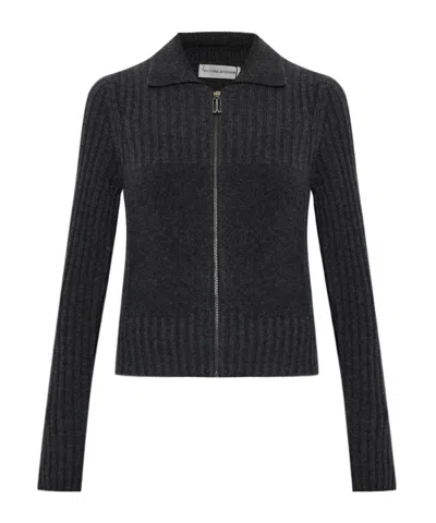 Victoria Beckham Ribbed-knit Zip-up Cardigan In Gray