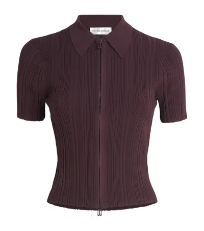 Victoria Beckham Rib-knit Zip-up Polo Shirt In Brown