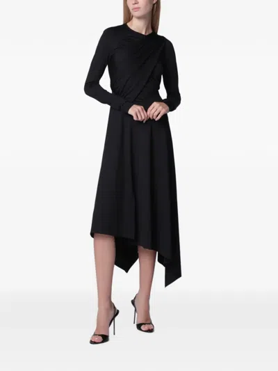 Victoria Beckham Dress Asymmetric Hem Draped Detail Long Sleeves In Black