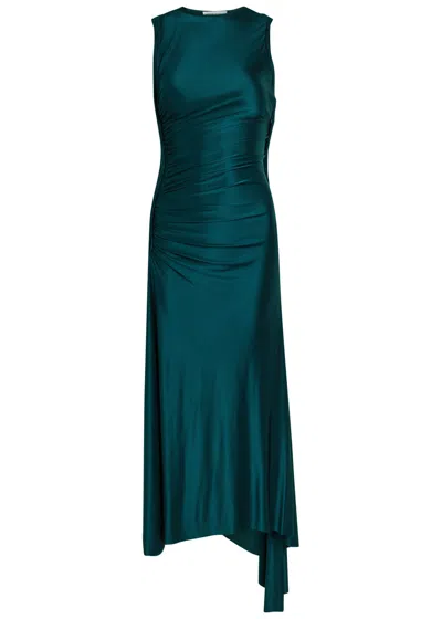 Victoria Beckham Ruched Asymmetric Stretch-jersey Midi Dress In Green