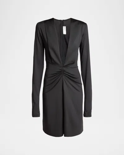 Victoria Beckham Ruched Deep V-neck Mini Dress In Black