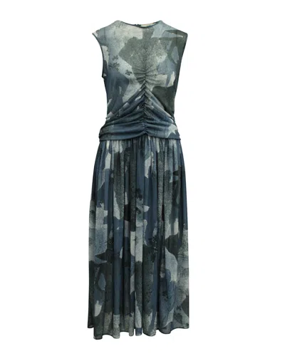 Victoria Beckham Ruched Front Midi Dress In Blue Polyester