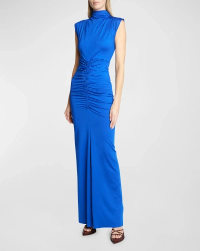Victoria Beckham Ruched High-neck Jersey Gown In Blue