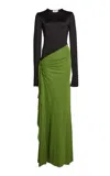Victoria Beckham Long Sleeve Draped Jersey Gown In Multi