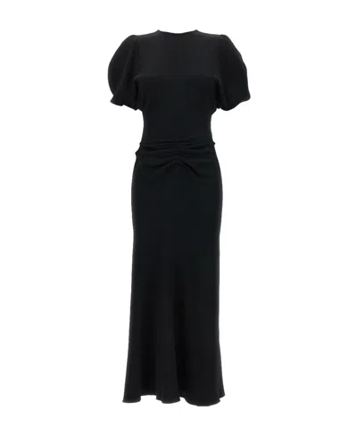 Victoria Beckham Waist Gathered Midi Dress With Ruched Detailing In Red