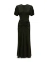 Victoria Beckham Gathered Waist Midi Dress Dark Olive In Black