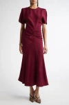 Victoria Beckham Waist Gathered Midi Dress With Ruched Detailing In Port