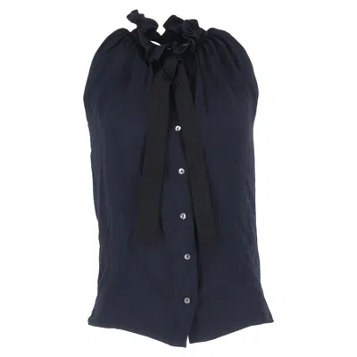 Victoria Beckham Ruffled Neck Sleeveless Blouse In Navy Blue Viscose