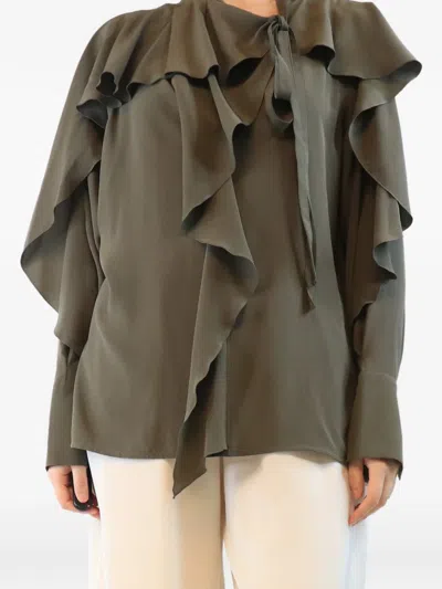 Pre-owned Victoria Beckham Ruffled Silk Blouse In Green