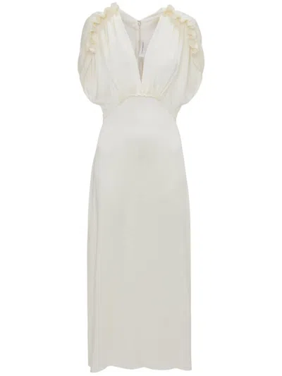 Victoria Beckham Ruffled V-neck Midi Dress In 白色