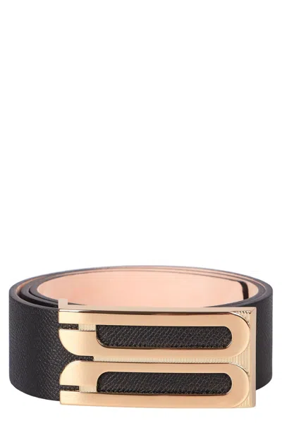 Victoria Beckham Saffiano Black Belt With Gold Buckle
