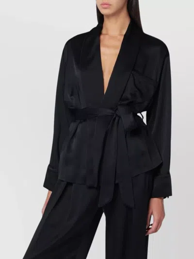 VICTORIA BECKHAM SATIN BLOUSE WITH BELTED WAIST AND SHAWL COLLAR
