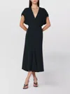 Victoria Beckham Satin Midi Dress Cap Sleeves V-neckline In Black
