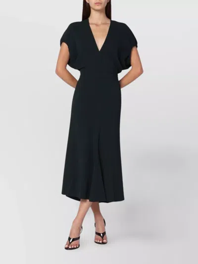 VICTORIA BECKHAM SATIN MIDI DRESS CAP SLEEVES V-NECKLINE