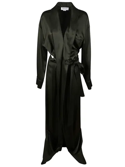Victoria Beckham Satin-wrap Gown With Cuffed Sleeves And V-neckline In Black
