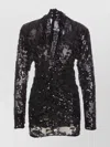 VICTORIA BECKHAM SEQUIN EMBELLISHED SHEER V-NECK MINI DRESS