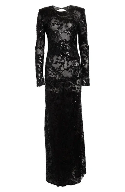 Victoria Beckham Sequin Embroidered Long Sleeve Gown In Black