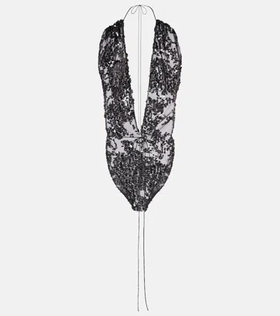 Victoria Beckham Sequined Halterneck Tulle Bodysuit In Black