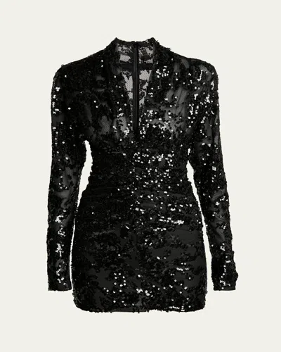 Victoria Beckham Sequined Ruched Mini Dress In Black