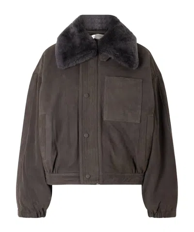 Victoria Beckham Shearling-trimmed Nubuck Bomber Jacket In Brown