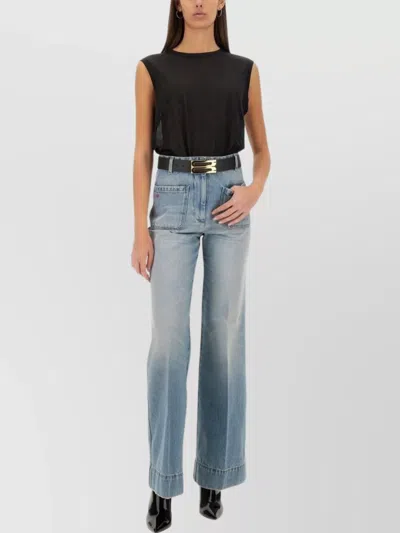 Victoria Beckham Sheer Cotton Sleeveless Round Neck Tops In Blue