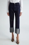 Victoria Beckham Shimmer High Waist Raw Hem Tapered Jeans In Indigo/silver