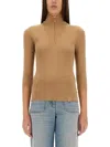 Victoria Beckham Zip Neck Ribbed Knitwear With 3/4 Sleeves In Beige