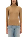 Victoria Beckham Zip Neck Ribbed Knitwear With 3/4 Sleeves In Beige