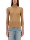 Victoria Beckham Zip Neck Ribbed Knitwear With 3/4 Sleeves In Beige