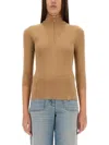 Victoria Beckham Zip Neck Ribbed Knitwear With 3/4 Sleeves In Neutrals