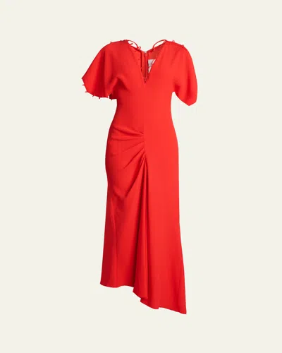 VICTORIA BECKHAM SHORT-SLEEVE DRAPED ASYMMETRIC MIDI DRESS