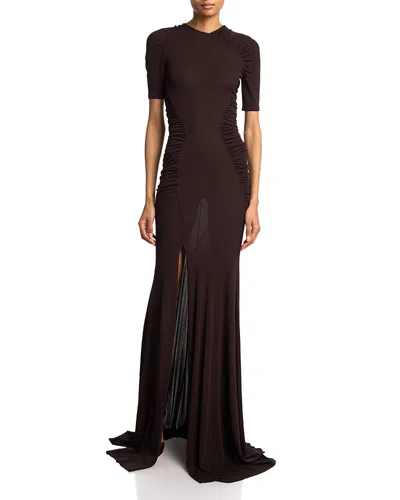 Victoria Beckham Short Sleeve Gathered Gown In Brown