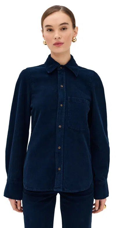 Victoria Beckham Shoulder Detail Slim Corduroy Shirt Indigo Garment Dye In Blue