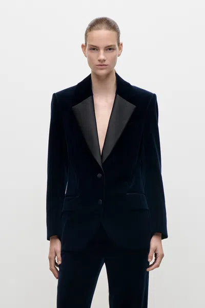Victoria Beckham Single Breasted Tailored Jacket In Dark Navy In Blue