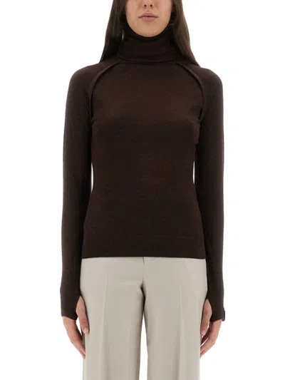 Victoria Beckham Slim-fit Turtleneck Shirt In Rich Merino Wool In Brown