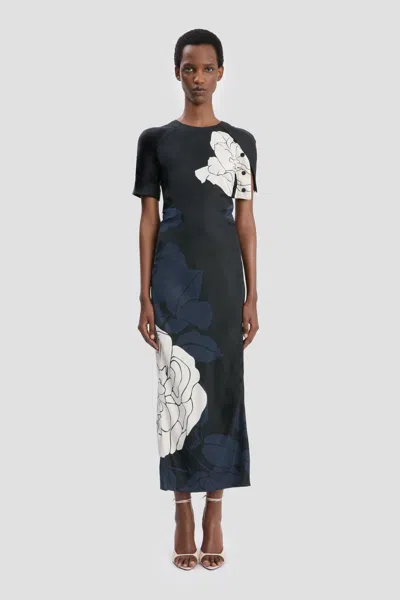 Victoria Beckham Split Hem Midi Dress In Dark Navy Floral Print In Blue