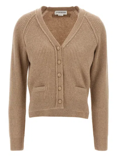 Victoria Beckham Stepped-hem Ribbed Cardigan In Brown