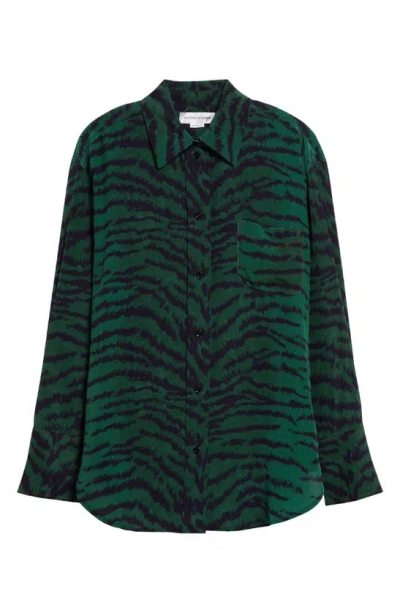 Victoria Beckham Tiger Stripe Silk Button-up Shirt In Tiger Allover - Green/ Navy