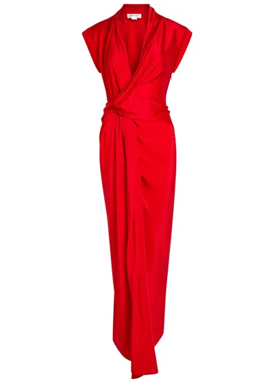 Victoria Beckham Twist Asymmetric Silk And Stretch-jersey Maxi Dress In Red