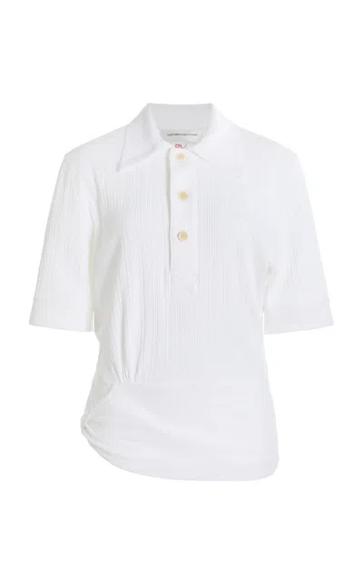 Victoria Beckham Twist Detail Cotton Polo Top In White