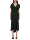 Victoria Beckham Green Midi Dress With Ruched Sleeves And V Neck In Viscose Blend Stretch Woman In Green