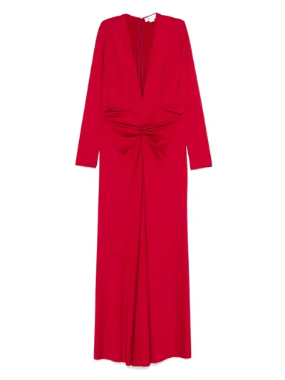 Victoria Beckham V-neck Long Dress With Gathered Detail In Red
