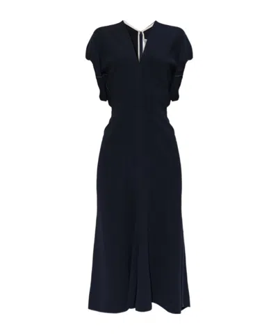 Victoria Beckham Blouson Detail V-neck Midi Dress In Blue