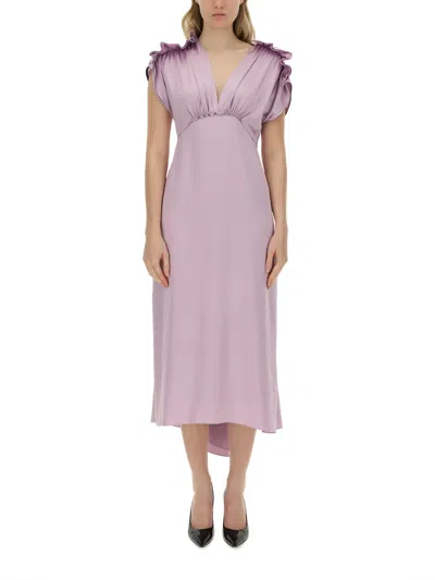Victoria Beckham Gathered V-neck Satin Midi Dress In Lilac