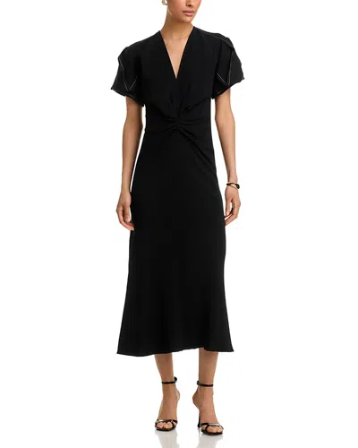 Victoria Beckham V Neck Gathered Front Midi Dress In Black