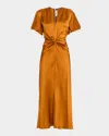 Victoria Beckham V-neck Gathered Waist Satin Midi Dress In Brown