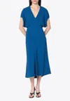 Victoria Beckham Womens Sapphire Blue V-neck Asymmetric-hem Stretch-woven Midi Dress